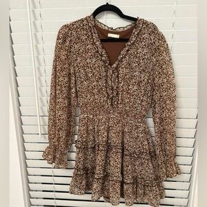 Altard State Brown Floral Tiered Long-Sleeve Mini Dress